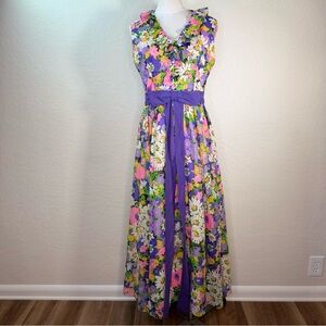 Vintage Miss Elliette Garden Party Ruffled 60s 70s Floral Maxi Dress Size Medium